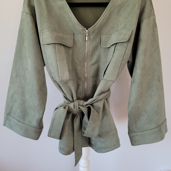 SUEDE Jade Green Wide Long Sleeve V Neck Waist Tie Jacket - Picture 7 of 10
